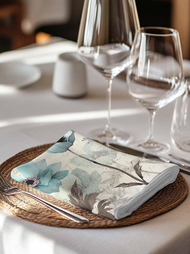 Teal Tulip Cloth Napkins Set of 8, Rustic Farmhouse Floral Cocktail Cloth Napkins 20 x 20 Inch, Elegant Flower Vintage Brown Washable Reusable Dinner Table Napkins for Wedding Holiday Party - Image 2