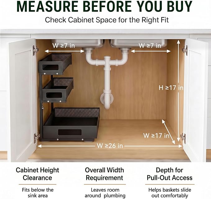 3 Tier Under Sink Organizer,1 Pack Pull Out Cabinet Shelves with Adjustable Height,Heavy Duty Carbon Steel L-Shaped Storage for Kitchen Bathroom Sink,Pantry & Laundry,Black - Image 7