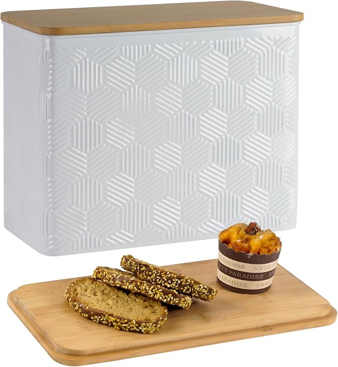 Extra Large Hexagon Stripe Embossed Bread Box with Bamboo Lid | Corner Breadbox for Homemade Bread, White Metal Storage Container Bin for Kitchen Countertop, Fits 2 Loaves of Bread by Unknown