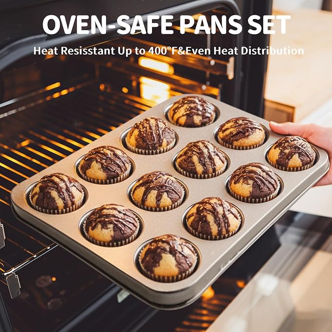 Terlulu 10-Piece Baking Pans Set, Bakeware Sets Nonstick, Baking Set for Oven Cooking, Stackable Carbon Steel Pans Include Cookie Sheets, Muffin Pan, Cake Pan, Pizza Pan, Loaf Pan, Roasting Pan, Gold - Image 5