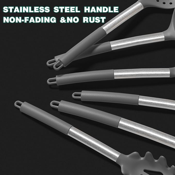 Umite Chef Silicone Kitchen Cooking Utensil Set, 43 pcs Silicone Spatula with Stainless Steel Handle, Non-stick Heat Resistant - Best Cookware (Grey) - Image 3