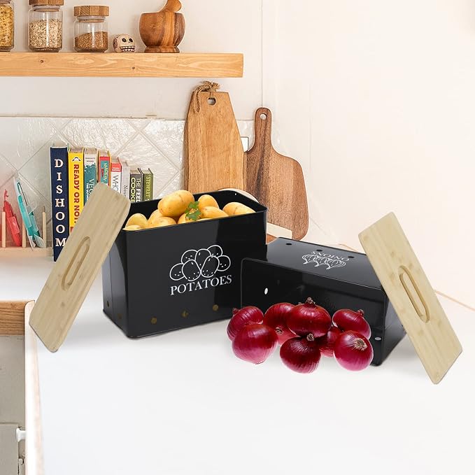 Potato and Onion Storage Bin Set of 2, Vented Metal Vegetable Storage with Wooden Lids, Farmhouse Kitchen Canisters for Countertop Pantry Organizer, Potato Bin Onion Holder for Produce Storage, Black - Image 5