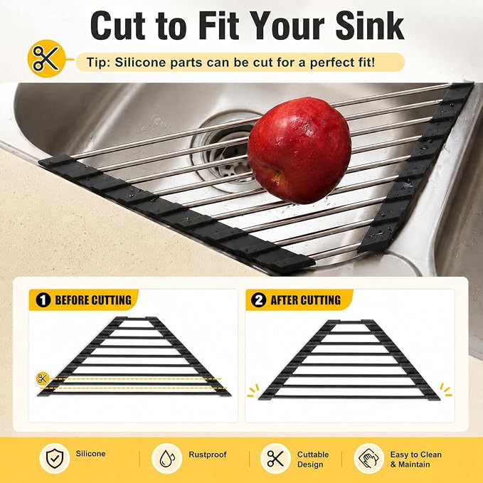Triangle Roll-Up Dish Drying Rack for Sink Corner, Silicone Coated Metal Draining Board Rack, Space-Saving Drying Rack Kitchen, Multipurpose Plate Rack Sink Drainer for Kitchen Storage & Organisation, - Image 3