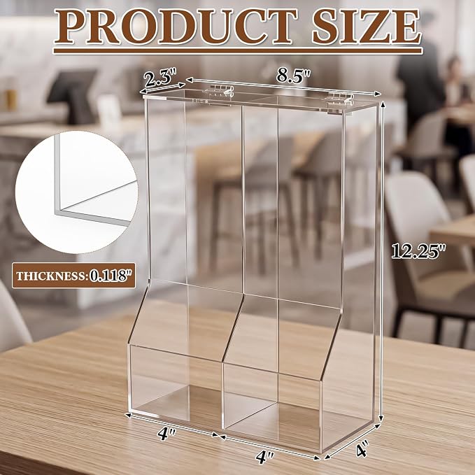 1 Pcs Divided Condiment Bin with Lid 2 Compartment Condiment Packet Organizer Sugar Packet Wrapped Candy Caddy Clear Acrylic for Bakery Restaurant Retail Stores, 8.5" W x 4" D x 12.25" H - Image 2