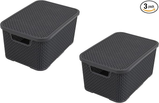 BranQ - Home essential Rattan Basket Set of 3 Size L 19 L, Plastic PP, Charcoal, 38x27,8x18,5 cm (LxBxH) by Unknown