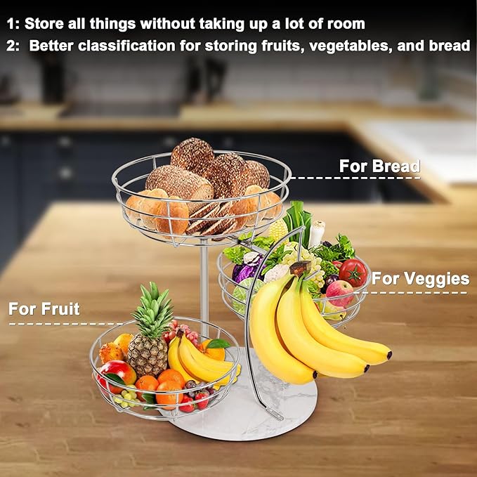Livabber Fruit Basket Bowl with Banana Hanger, Metal Fruit Vegetable Storage Basket with Banana Holder for Kitchen Counter, Detachable Organizer for Bread Snack Produce (Chrome, 3-Tier Marble Base) - Image 4