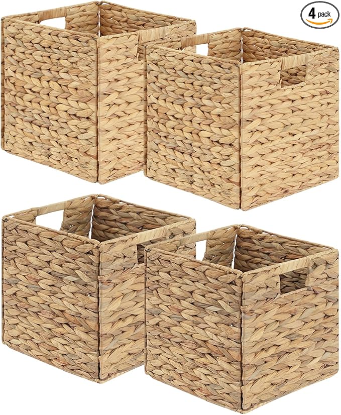 Wicker Storage Baskets, Foldable Cube Bins, 11.2 Inch, 4-Pack | 4-pack foldable 11.2" water hyacinth wicker cube baskets; collapsible storage bins for shelves, closets, offices and home. by Unknown