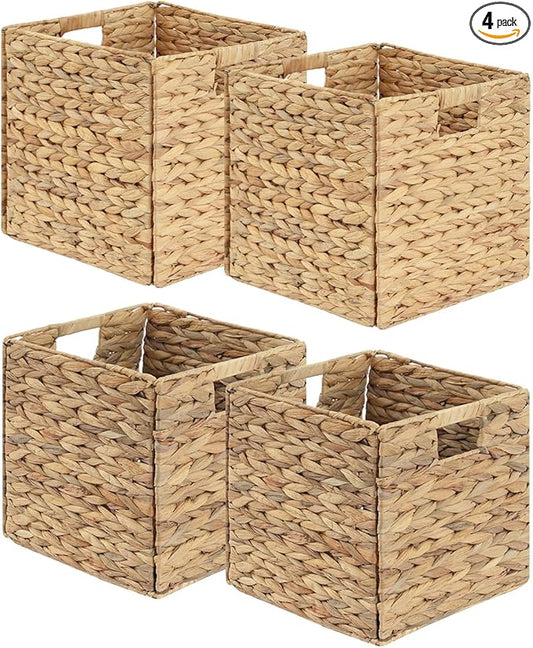 Wicker Storage Baskets, Foldable Cube Bins, 11.2 Inch, 4-Pack | 4-pack foldable 11.2" water hyacinth wicker cube baskets; collapsible storage bins for shelves, closets, offices and home. by Unknown
