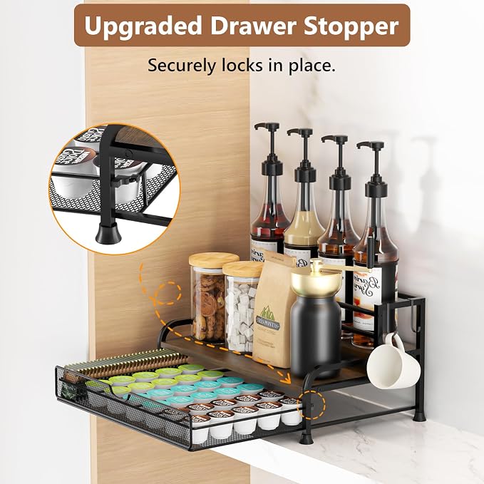 Coffee Syrup Rack Organizer, with Anti-Fall K-Cup Pod Holder Drawer | Black Metal Rack for 8 Syrup Bottles, Countertop Bottle Holder Stand for Wine, Space-Saving Design for Kitchen Cafe Station - Image 3