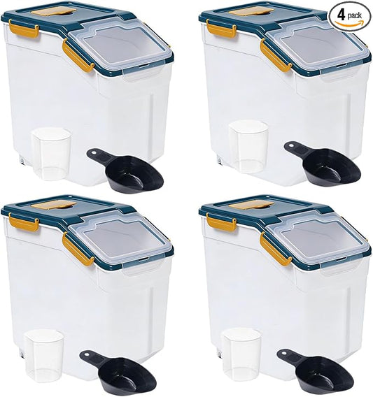 Saim 4 Pack 25lb Flour & Rice Storage Container Bin, Dark Blue | BPA free plastic with seal lid, rolling wheels and measuring scoop for rice, flour, cereal and grain one-hand scooping by Saim
