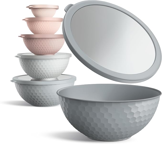 COOK WITH COLOR Mixing Bowls with Lids - 12 Piece Plastic Nesting Bowls Set includes 6 Prep Bowls and 6 Lids, Microwave Safe Mixing Bowl Set, Pink Embossed - Image 2