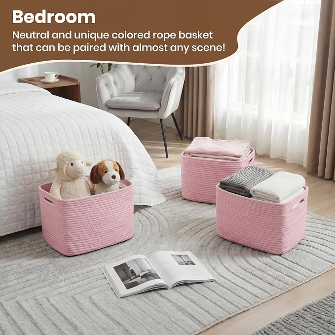 Storage Baskets for Organizing, 14 x 10 x 9” Closet Shelf Woven Baskets, Square Bins with Handles, Cotton Rope Basket for Clothes, Office, Room, Pink 3 Pack - Image 5