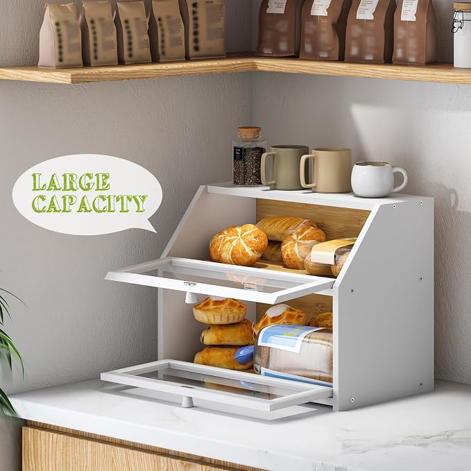 BMOSU Farmhouse Bread Box for Kitchen Countertop Bread box Double Layer Bamboo Wooden Extra Large Capacity Bin Kitchen Food Storage Container(White) - Image 6