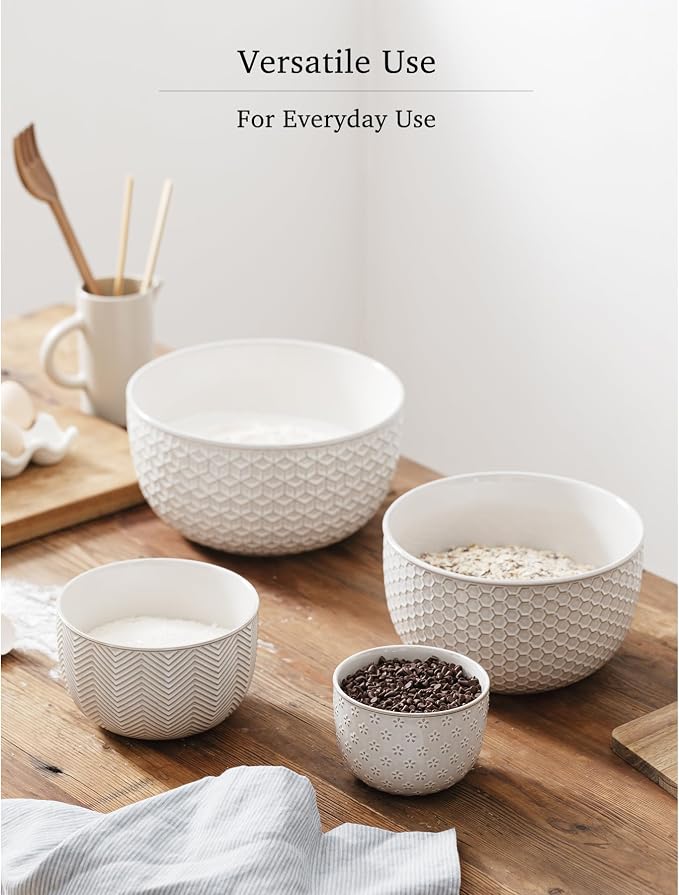 Ceramic Mixing Bowls, Embossed Nesting Bowls Set of 4, Mixing Bowl Set for Serving, Baking, Cooking and Gift, Microwave and Dishwasher Safe, 20/47/99/148 oz, Off-White - Image 5