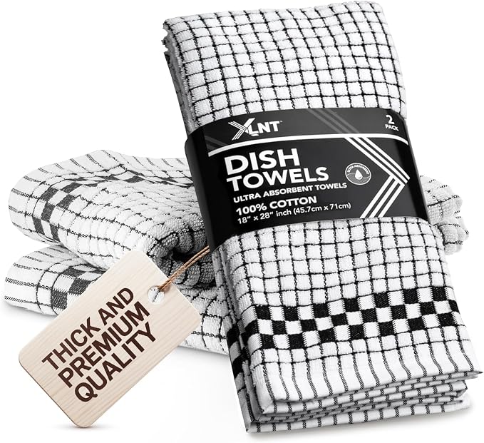 XLNT Highly Absorbent Kitchen Dish Towels 100% Cotton 18x28 inch – Ultra-Thick Dishcloths – Premium Weave for Drying & Cleaning – Soft, Durable & Lint-Free – Pack of 2 Black by XLNT