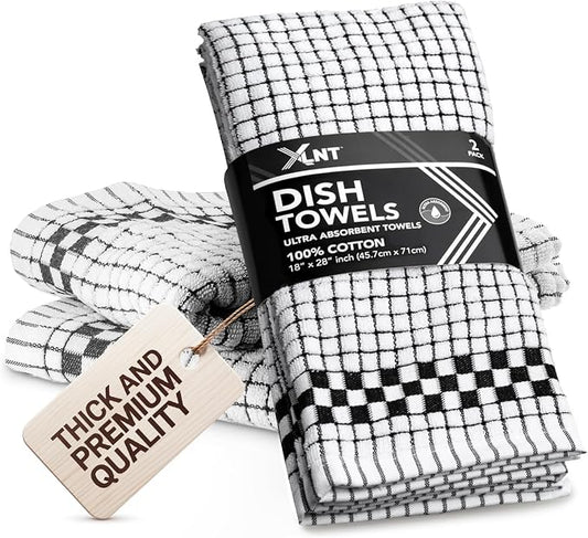 XLNT Highly Absorbent Kitchen Dish Towels 100% Cotton 18x28 inch – Ultra-Thick Dishcloths – Premium Weave for Drying & Cleaning – Soft, Durable & Lint-Free – Pack of 2 Black by XLNT