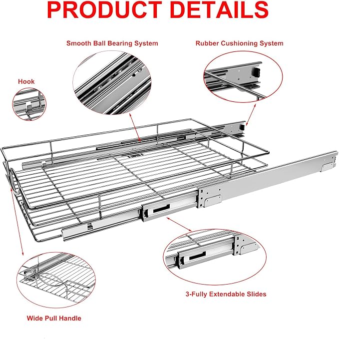 Sikarou Pull Out Cabinet Organizer, Heavy Duty Kitchen Cabinet Pull Out Shelves, Slide Out Wire Basket for Kitchen Cabinets, Bathroom, Pantry, Chrome Finish (11 * 17 in) - Image 4