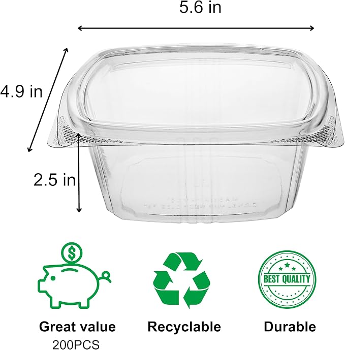 16oz RPET Clear Hinged Lid Deli Container - 200Pcs - Image 2