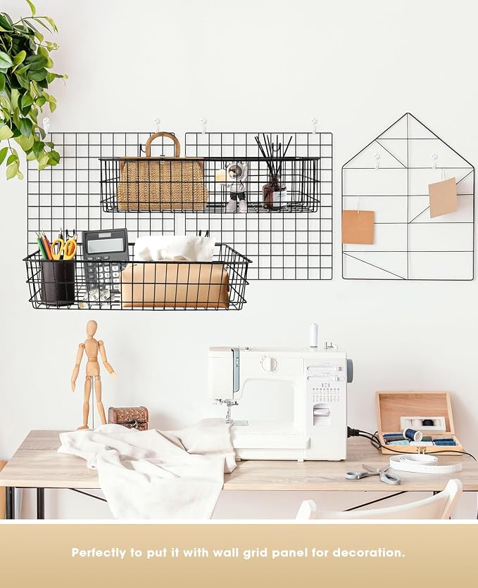 Metal Hanging Wire Basket with Hooks, Black Wire Wall Basket for Grid Panel Organizer, Multi-Function Grid Wall Basket for Kitchen Bathroom Storage Display Shelf, Home Decoration - Image 6
