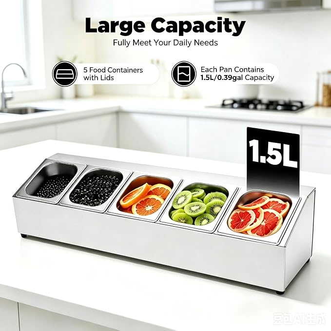 5 Pans Pizza Toppings Station Condiment Organizer Container Food Prep | Ingredients Holder Spice Rack Stainless Steel Candy Container Set with 5 Pans & Lids for Food Truck Restaurant Kitchen Buffet - Image 9