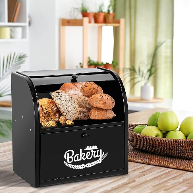 Stainless Steel Bread Box, 2 Layer Roll Top Bread Boxes, Large Capacity Food Storage Container for Kitchen Counter, Metal Bread Bin, Bread Holder for Countertop 12.6" x 9.7" x 12.8" (Black) - Image 2