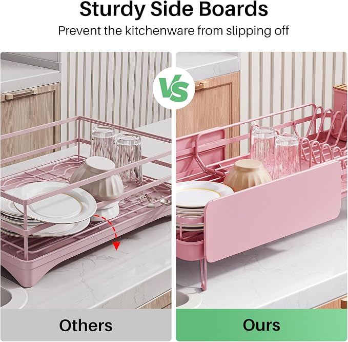SNTD Large Dish Drying Rack for Kitchen Counter, Expandable, Pink | Stainless Steel Dish Drainer, Adjustable Length 18.9''-29.3'', Automatic Drainage, 360° Spout, Cutlery Holder with Knife Slot - Image 5