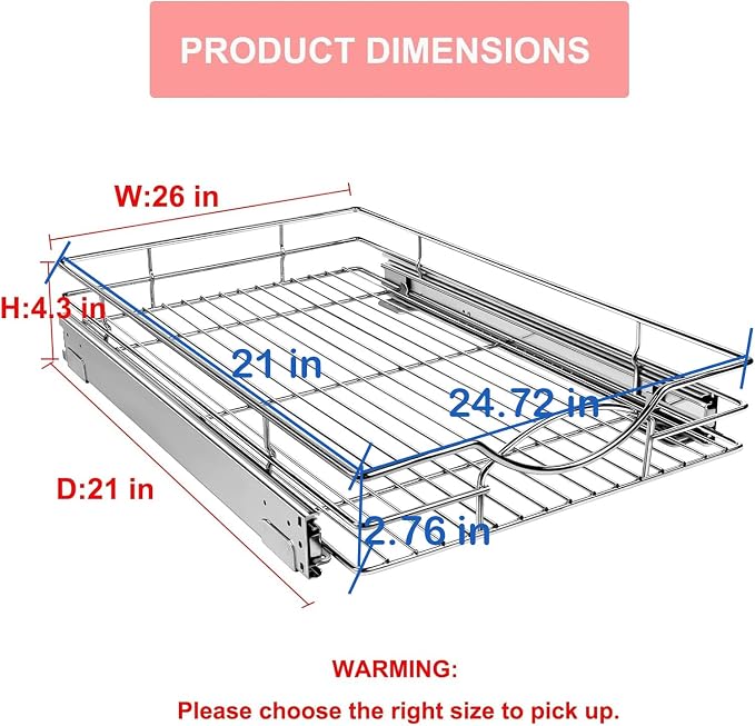Sikarou Pull Out Cabinet Organizer 26" W x 21" D, Heavy Duty Kitchen Cabinet Pull Out Shelves, Slide Out Wire Basket for Kitchen Cabinets, Bathroom, Pantry, Chrome Finish - Image 2