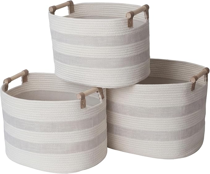 RGI Home Storage Baskets for Organizing, Textured Linen and Fabric Rope, Set of 3 Oval Decorative Woven Bins, Multi-Sized with Easy-Carry Premium Wooden Handles, Cream with Ivory Trim by RGIHome