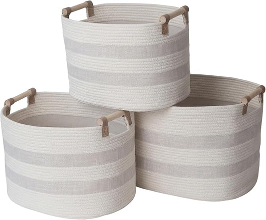 RGI Home Storage Baskets for Organizing, Textured Linen and Fabric Rope, Set of 3 Oval Decorative Woven Bins, Multi-Sized with Easy-Carry Premium Wooden Handles, Cream with Ivory Trim by RGIHome