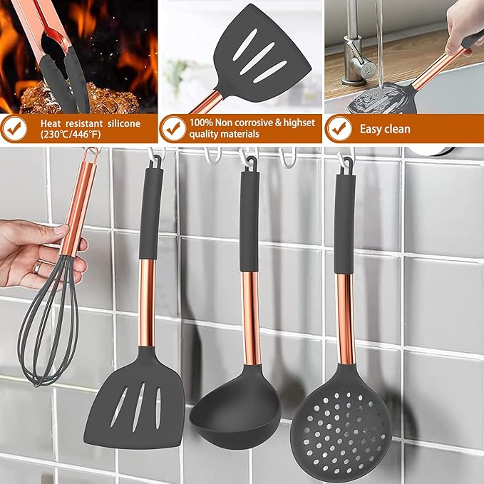 Silicone Cooking Utensil Set, Umite Chef Kitchen Utensils 15pcs Cooking Utensils Set Non-stick Silicone Rose Gold Handle Cooking Tools Whisk Kitchen Tools Set -Grey - Image 6