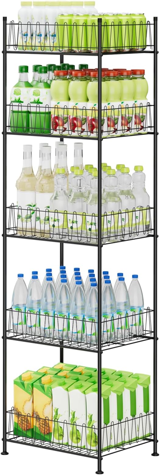 5 Tier Water Bottle Storage Rack Freestanding Metal Water Bottle Holder Shelf Organizer Drink Beverage Soda Can Organizer Storage Rack Bottled Water Stand for Floor Pantry Kitchen Food Storage, Black by ETELI