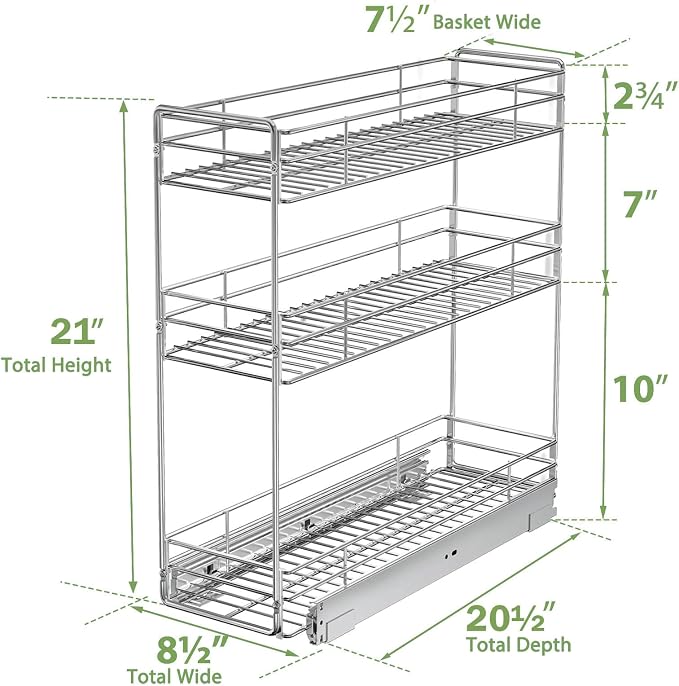 Pull Out Spice Rack Cabinet Organizer 8½" W x 20½" D, 3 Tier Heavy Duty Sliding Spice Cabinet Organization for Narrow Cabinet, Pull Out Shelves for Kitchen - Image 3