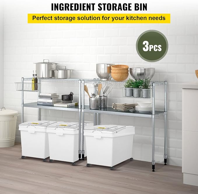 VEVOR Ingredient Bin, 10.5 Gallons Capacity Ingredient Storage Bin, PP Material Flour Bins On Wheels, White Shelf Ingredient Bin with Scoop and Sliding Lid, Commercial Storage Bins 3 Pcs/Set - Image 3