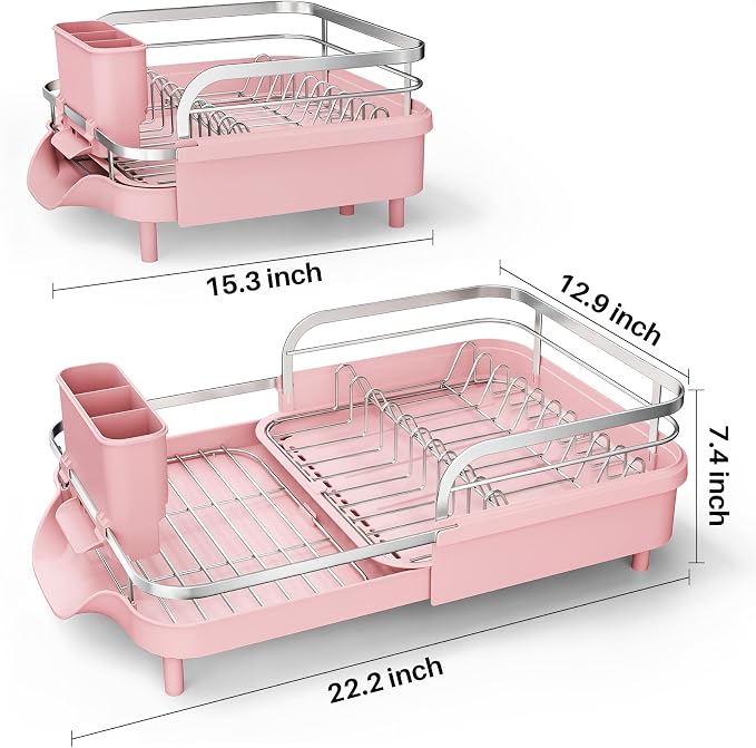 SAYZH Expandable Dish Drying Rack for Small Kitchen Counter, Pink | Stainless Steel, Protective Guardrail, Angled Drainboard, Fits High-Rim Sinks, Removable Utensil Holder - Image 8