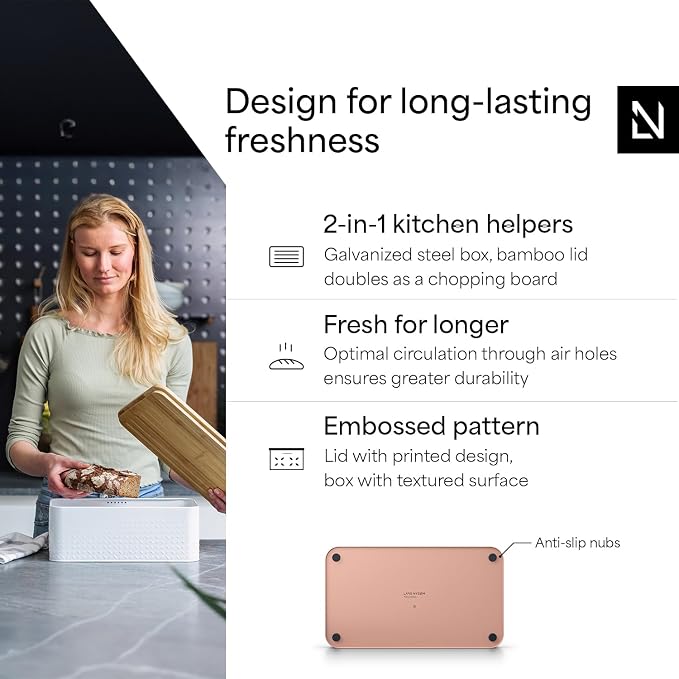 LARS NYSØM Bread Box I Metal Box with linen bag for long lasting freshness I Bread Bin with bamboo lid usable as cutting board I 13.4x7.3x5.3In (Blush Rose) - Image 2