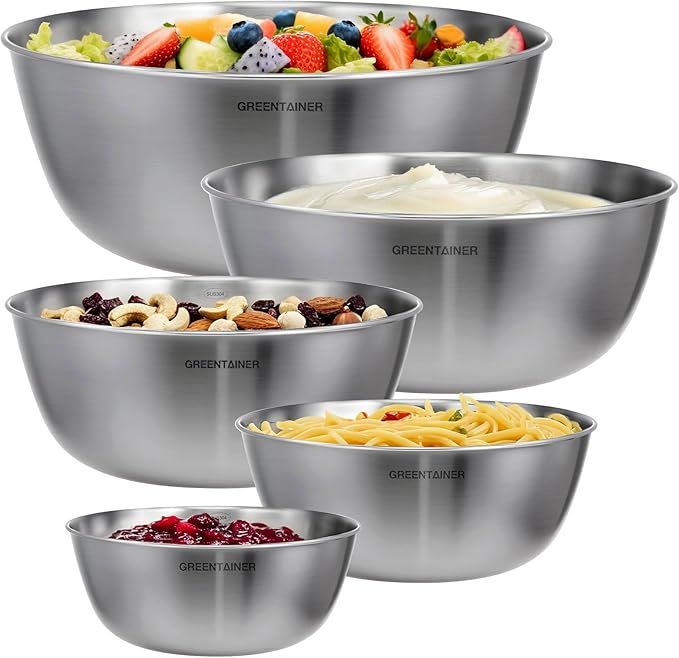 Greentainer Stainless Steel Mixing Bowls Set of 5 | 5.2 to 0.8 Qt Nesting Bowls with Measurement Markings | Dishwasher Safe | Metal Kitchen Bowls for Baking, Prepping, Cooking and Serving Food by Greentainer