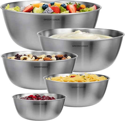 Greentainer Stainless Steel Mixing Bowls Set of 5 | 5.2 to 0.8 Qt Nesting Bowls with Measurement Markings | Dishwasher Safe | Metal Kitchen Bowls for Baking, Prepping, Cooking and Serving Food by Greentainer