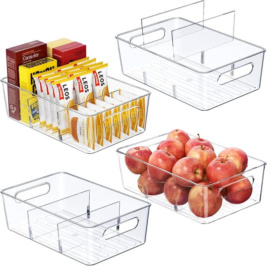 Mpotmiy 4-Pack Pantry Organizers and Storage, Clear Fridge Organizer Bins | Clear stackable plastic bins with removable dividers for packets, snacks, pouches and spices in pantry, fridge or freezer. by Mpotmiy