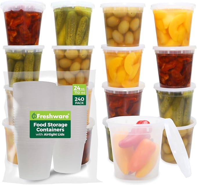 Freshware Food Storage Containers [240 Set] 24 oz Plastic Deli Containers with Lids, Slime, Soup, Meal Prep Containers | BPA Free | Stackable | Leakproof | Microwave/Dishwasher/Freezer Safe by Freshware