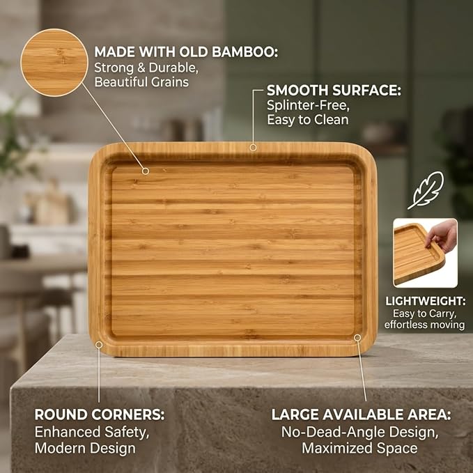 Bamber Large Size Bamboo Serving Tray, Rectangular, 15.5 x 11.8 x 0.8 Inches - Image 4