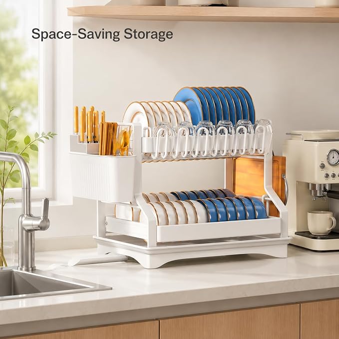Fandian Dish Drying Rack 2 Tier White Dish Racks for Kitchen Counter and Sink, Large Dish Drying Rack with Drainboard & Utensil Holders Stainless Steel Dish Drainers Kitchen Organization and Storage - Image 5