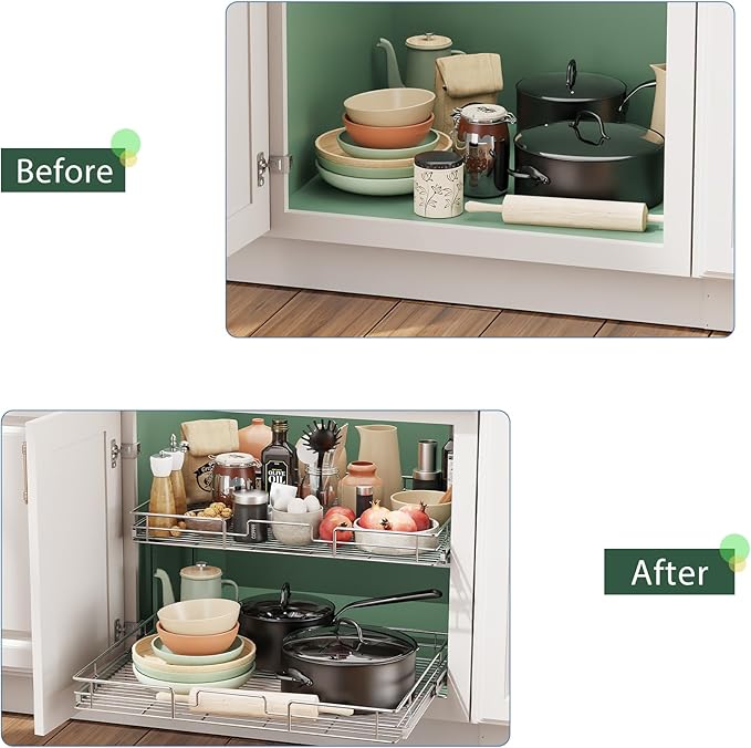LOVMOR 2 Tier 28½"W x 21½"D, Individual Pull Organizer Kitchen Cabinet Storage Sliding Shelves - Image 6