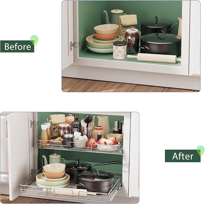 LOVMOR 2 Tier Individual Pull Out Cabinet Organizer 27" W x 21½" D, Slide Out Kitchen Cabinet Storage Sliding Shelves - Image 6
