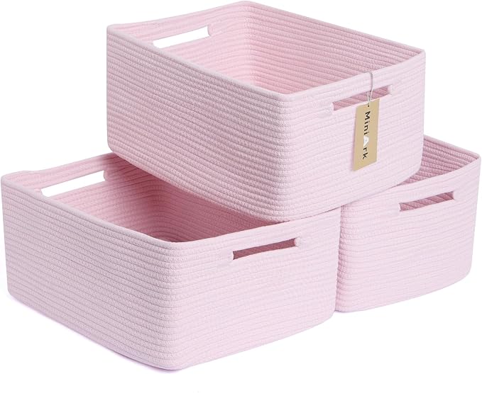 MiniArk Large Storage Baskets for Shelves, 17 x 13 x 7.5” Closet Organizers Bins for Clothes Blanket Towels, Baby Nursery, Toy Baskets Box, Woven Rope Baskets, 3 Packs Light Pink by MiniArkStorageBasketsHome