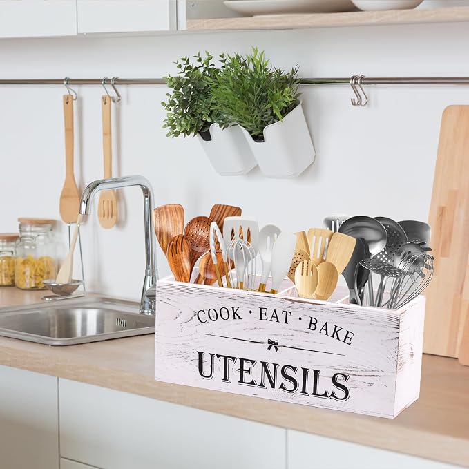 Kitchen Utensil Holder for Counter or Countertop, Extra Large Wood Organizer with 4 Compartments, Wooden Storage for Cooking and Silverware, Rustic Minimalist Decor, Sturdy Utensil Crock-White - Image 5