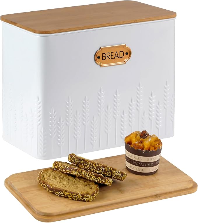 Extra Large Ear of Wheat Embossed Bread Box with Bamboo Lid | Corner Breadbox for Homemade Bread, White Metal Bread Storage Container Bin for Kitchen Countertop, Fits 2 Loaves of Bread by Unknown