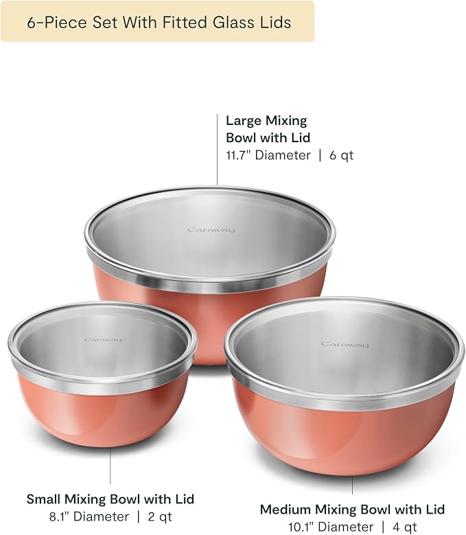 Caraway 6-Piece Stainless Steel Mixing Bowl Set with Glass Lids | 6 qt, 4 qt, 2 qt Kitchen Bowls with Tempered Glass Lids, Non-Toxic, PFAS-Free, Perracotta - Image 2