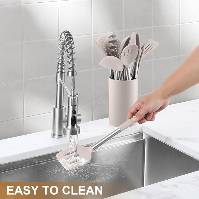 LIANYU 15 Pcs Cooking Utensils Set, Silicone Kitchen Tools with Holder | Heat Resistant, Kitchen Gadgets with Stainless Steel Handle, Brush Spatula Spoon Whisk for Cookware, Dishwasher Safe, Khaki - Image 9