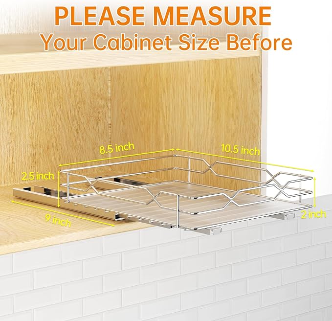 Pull Out Spice Rack Organizer for Cabinet, Chrome, 8.5"W x 10.5"D x 2.5"H | Slide Out Design, No Drill Asembly, Fits Spices, Bottles & Jars, Ideal For Narrow Kitchen Cabinets & Pantry - Image 3