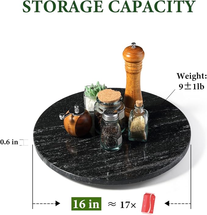 16'' Marble Lazy Susan for Kitchen, Black Marble Turntable for Dinning, Stone Lazy Susan Organizer for Cabinet, Serving Rotation Spinning Tabletop Organizer Swiveling - Image 3